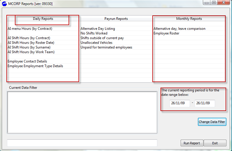 mcorp report menus